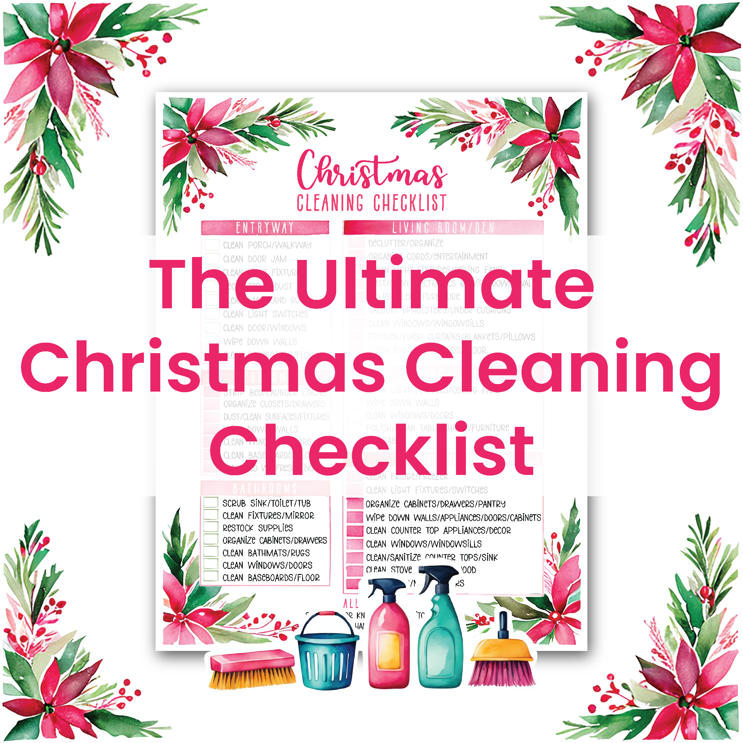 Christmas themed image featuring a printable cleaning checklist